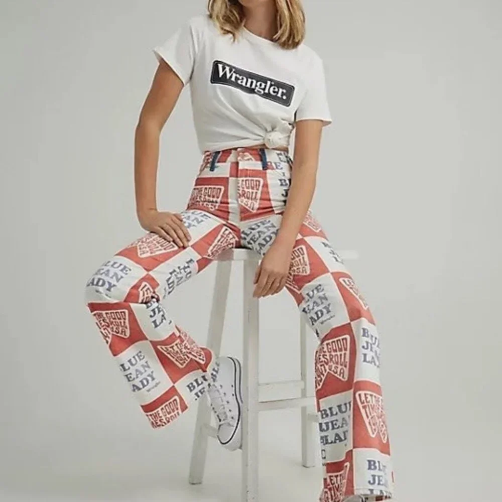 Wrangler Wanderer Printed High Rise Flare Blue Lady Jeans - Picture 2 of 9